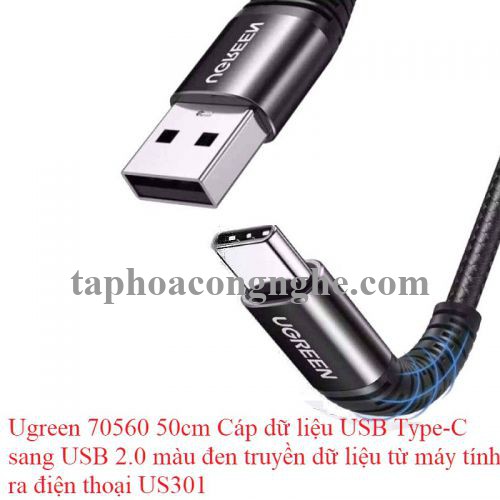 Ugreen 70560 50cm Cáp dữ liệu USB Type-C sang USB 2.0 màu đen truyền dữ liệu từ máy tính ra điện thoại dài 0.5M US301 30070560